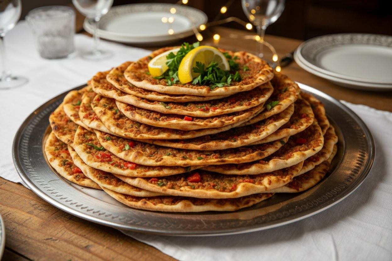 Közde pişmiş Antep usulü lahmacunlar, üzerinde maydanoz ve limon