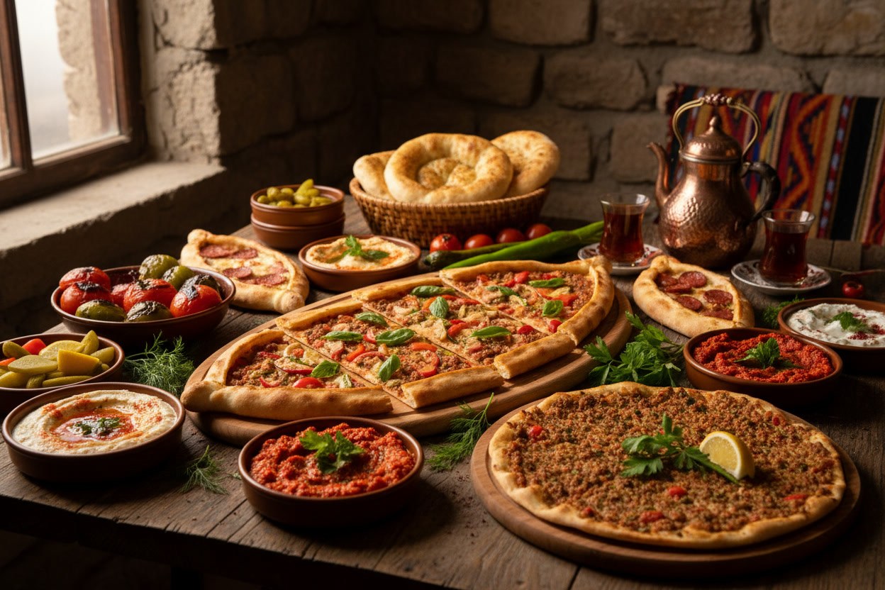 Zengin ziyafet sofrası: karışık pideler, közde sebze ve meze çeşitleri