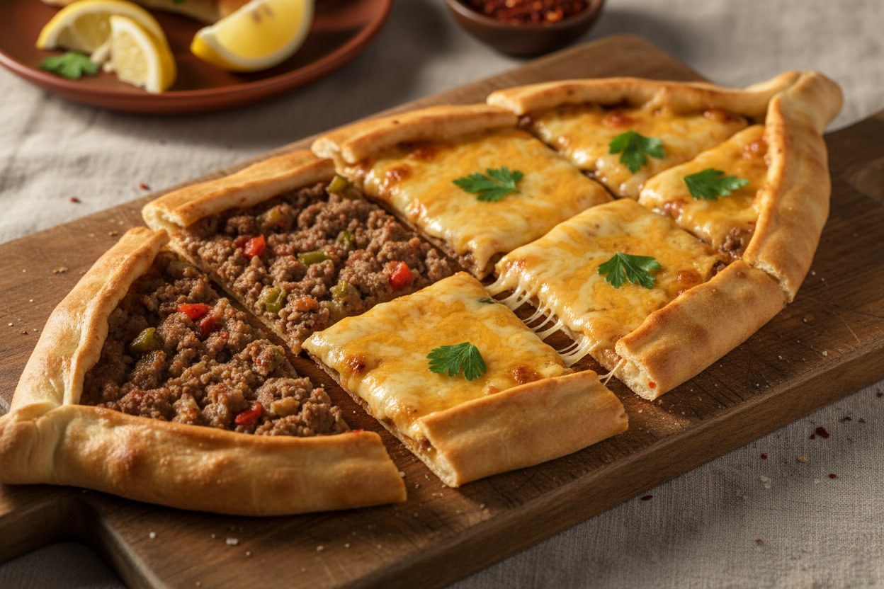 Kıymalı ve kaşarlı kayık pide, dilimlenmiş halde tahta üzerinde