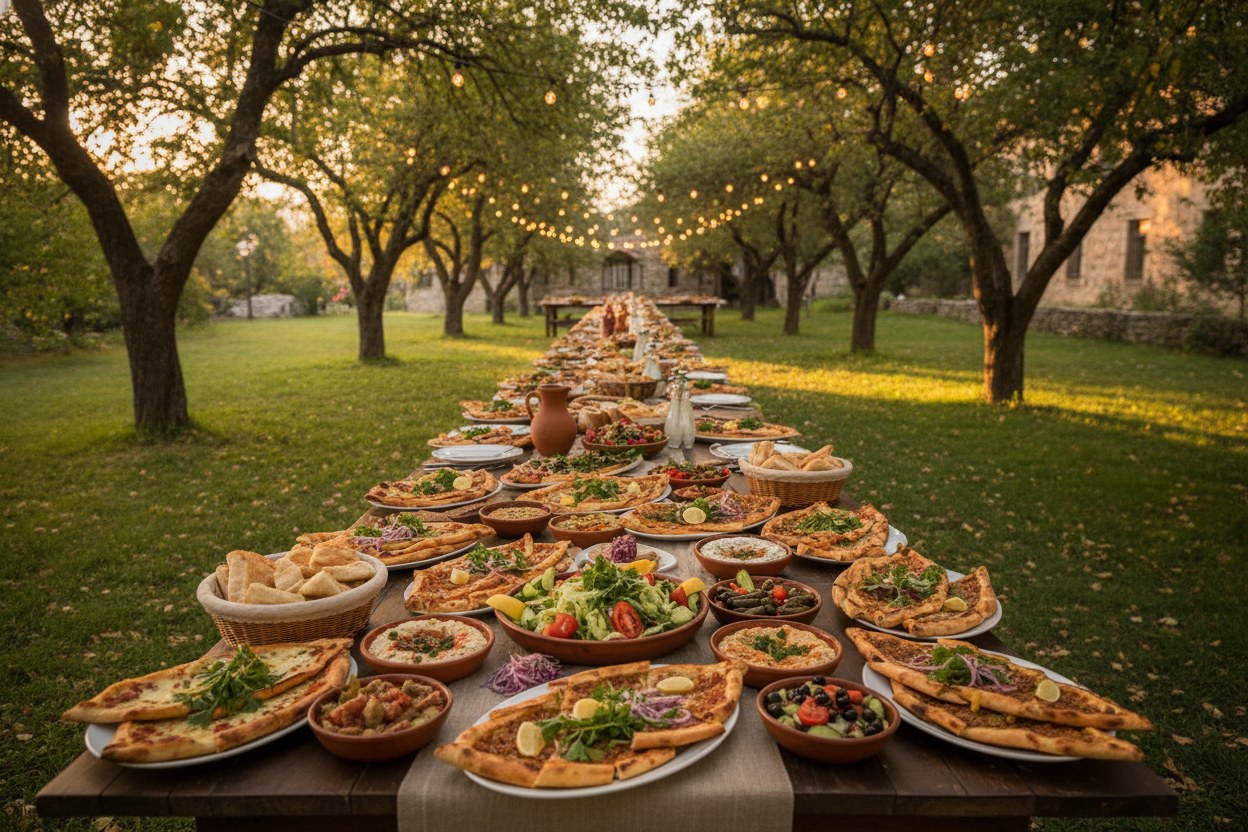 Riva'da açık havada kır nikahı sofrası; ağaçların altında ışıklarla süslü ziyafet masası