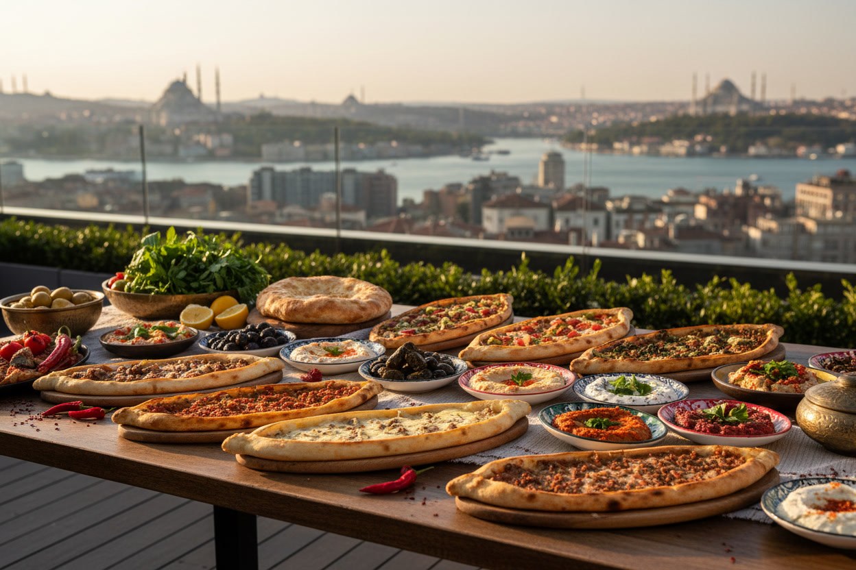 Kadıköy'de teras davetinde şehir manzarasına karşı zengin meze ve pide sofrası